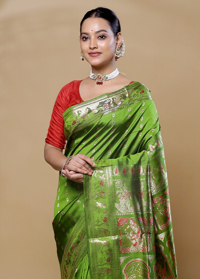 Green Handloom Baluchari Pure Silk Saree With Blouse Piece