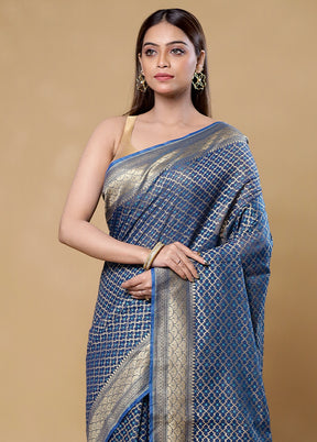 Blue Kora Silk Saree With Blouse Piece