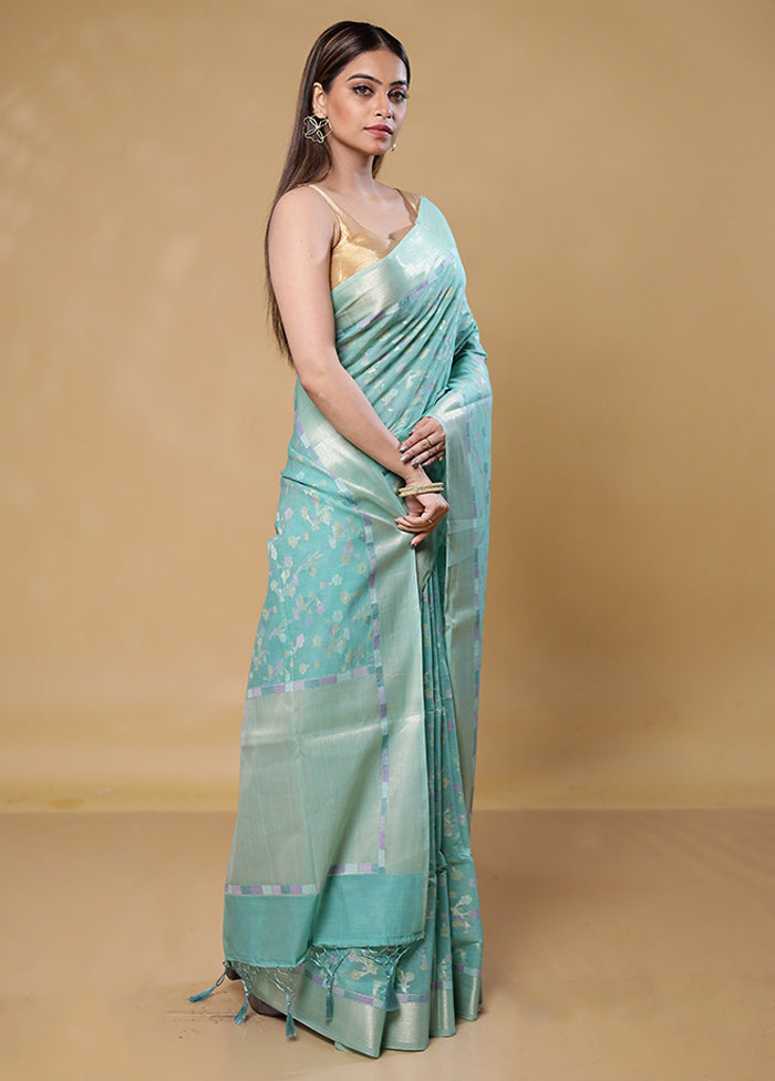 Blue Kora Silk Saree With Blouse Piece