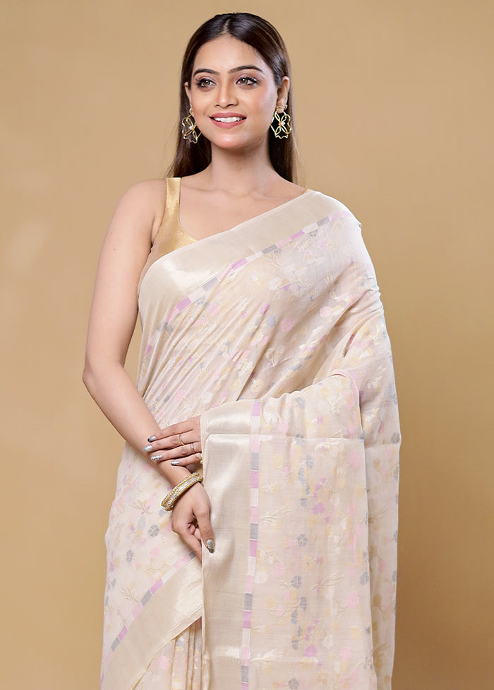 Cream Kora Silk Saree With Blouse Piece