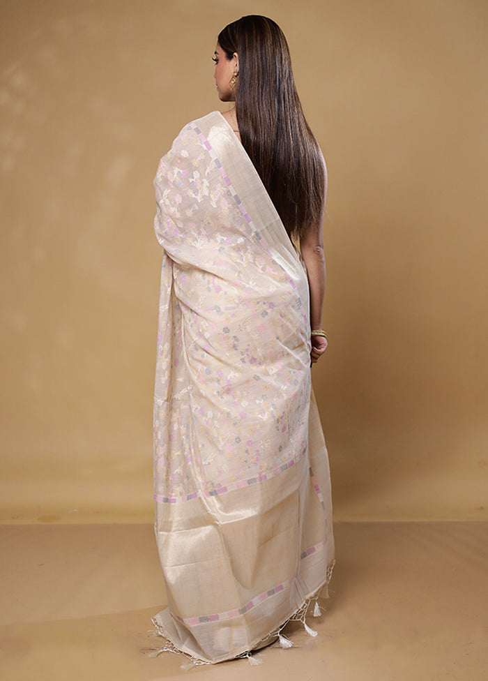 Cream Kora Silk Saree With Blouse Piece