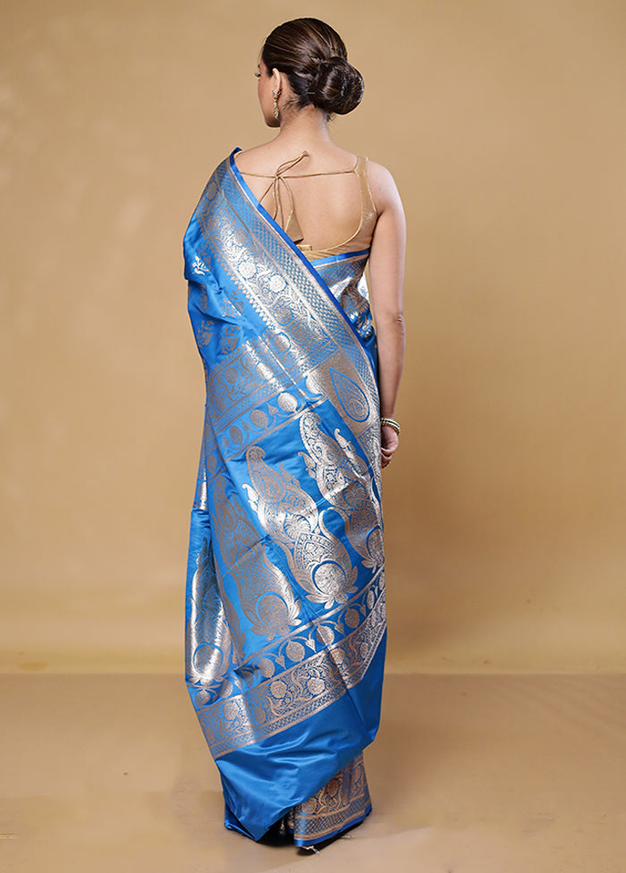 Blue Banarasi Silk Saree With Blouse Piece