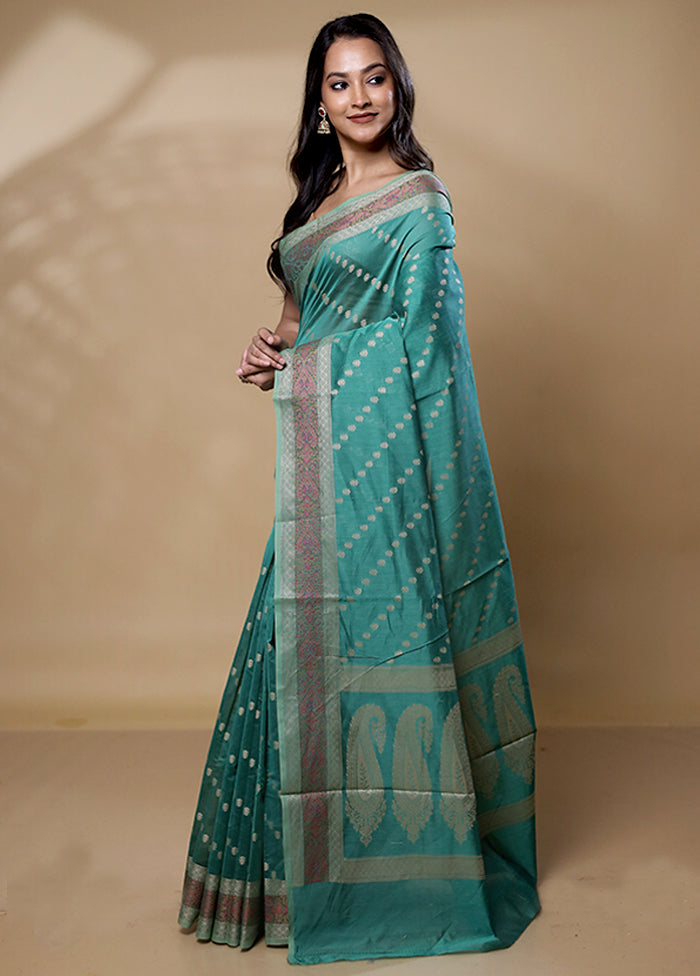 Green Cotton Saree With Blouse Piece