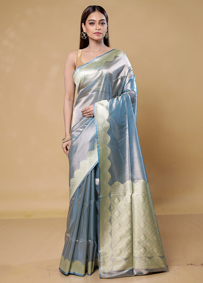 Blue Tissue Silk Saree With Blouse Piece