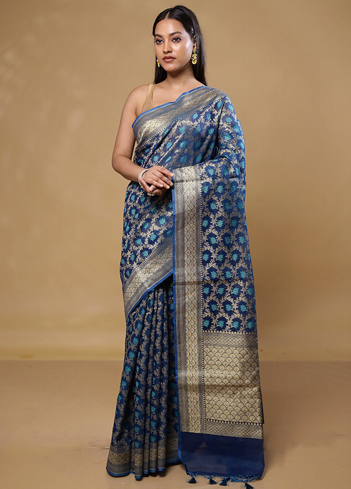 Blue Kora Silk Saree With Blouse Piece