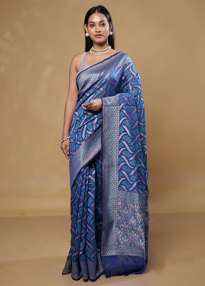 Blue Kora Silk Saree With Blouse Piece