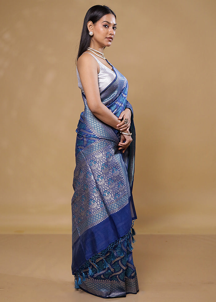 Blue Kora Silk Saree With Blouse Piece