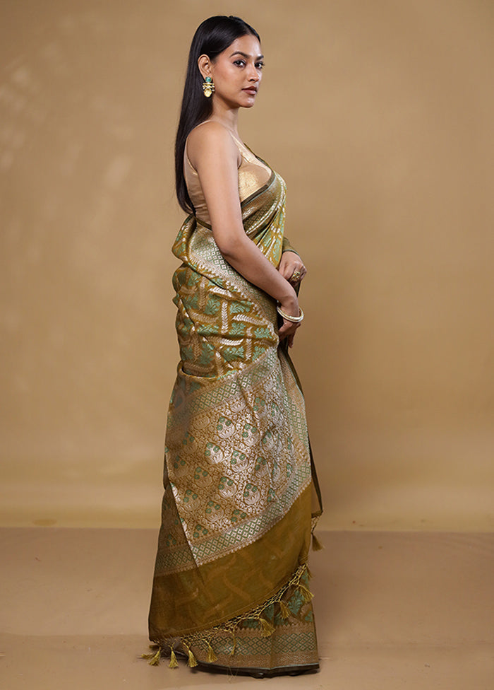 Olive Kora Silk Saree With Blouse Piece