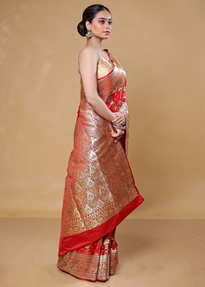 Red Banarasi Silk Saree With Blouse Piece