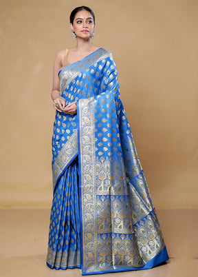 Blue Banarasi Silk Saree With Blouse Piece