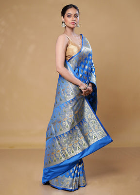 Blue Banarasi Silk Saree With Blouse Piece