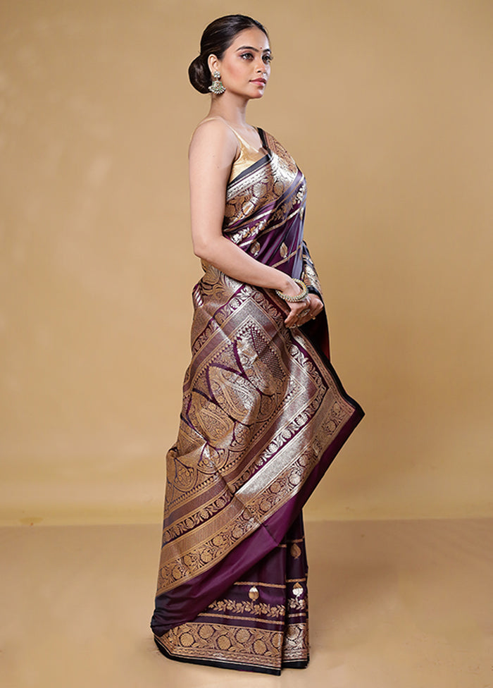 Wine Banarasi Silk Saree With Blouse Piece