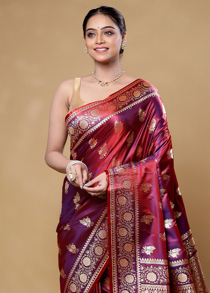 Wine Banarasi Silk Saree With Blouse Piece