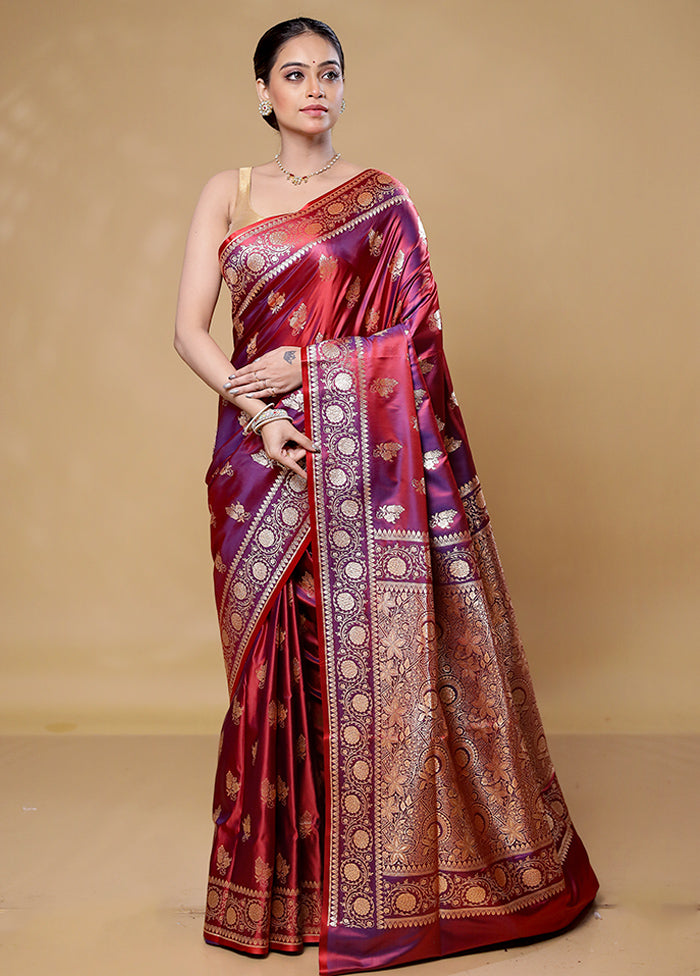 Wine Banarasi Silk Saree With Blouse Piece