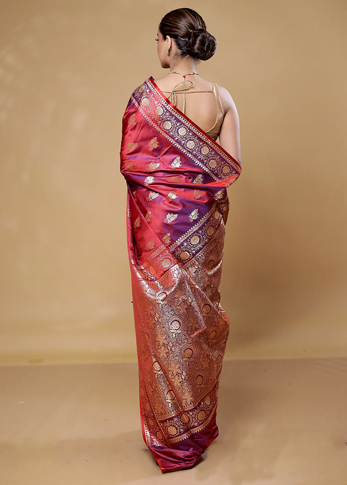 Wine Banarasi Silk Saree With Blouse Piece