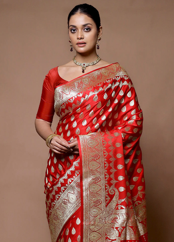 Red Banarasi Silk Saree With Blouse Piece