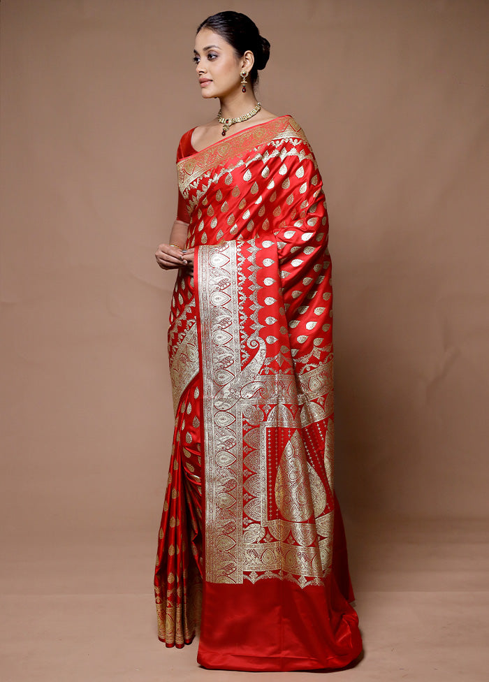 Red Banarasi Silk Saree With Blouse Piece