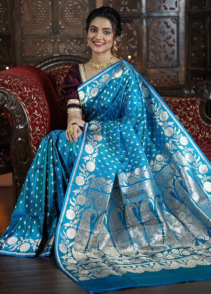 Blue Handloom Banarasi Pure Silk Saree With Blouse Piece