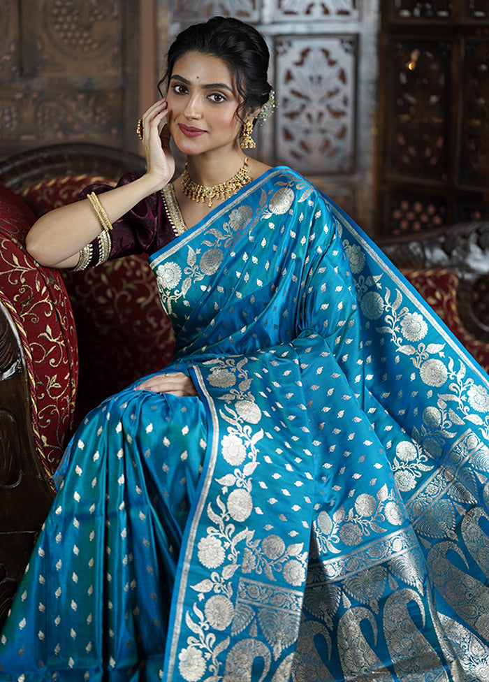 Blue Handloom Banarasi Pure Silk Saree With Blouse Piece