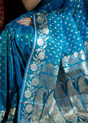 Blue Handloom Banarasi Pure Silk Saree With Blouse Piece