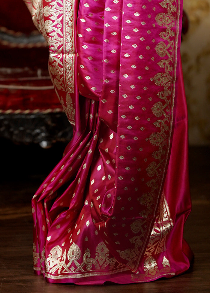 Pink Handloom Banarasi Pure Silk Saree With Blouse Piece