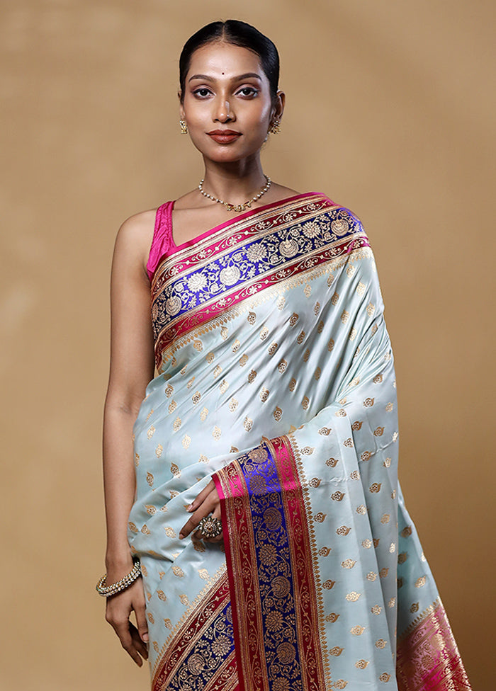 Sky Blue Banarasi Silk Saree With Blouse Piece