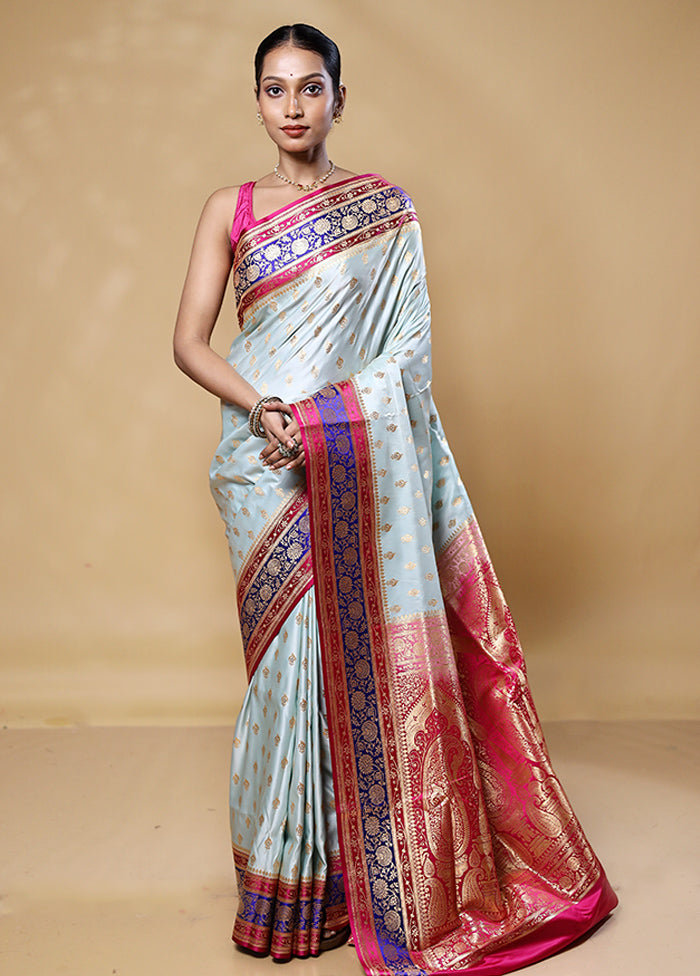 Sky Blue Banarasi Silk Saree With Blouse Piece