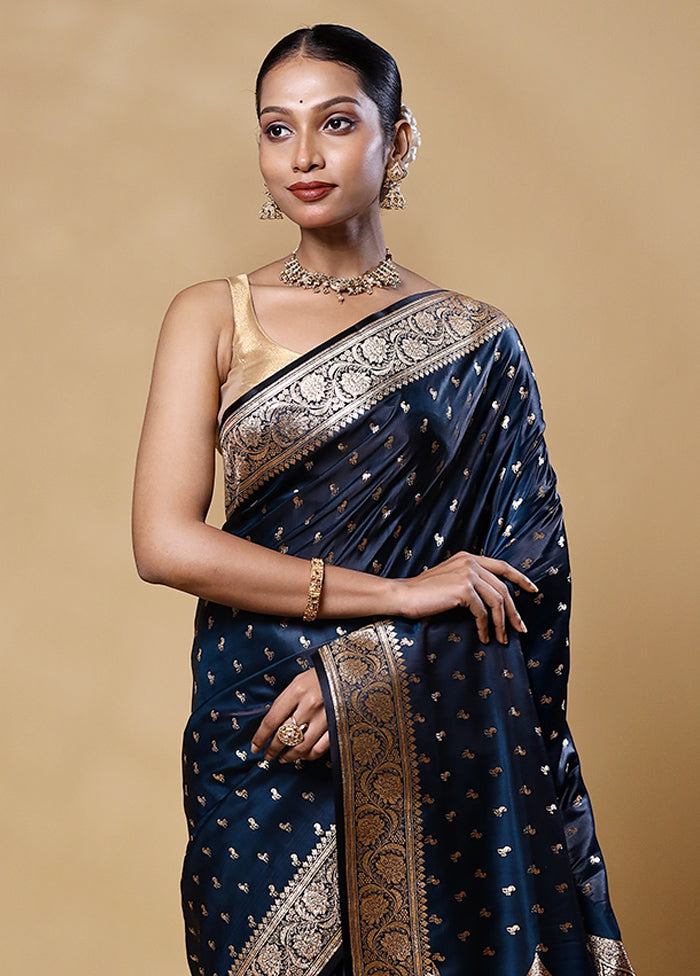 Blue Banarasi Silk Saree With Blouse Piece