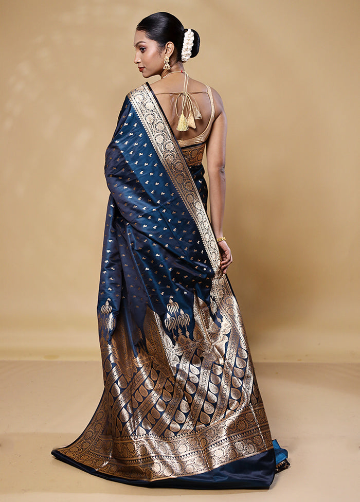 Blue Banarasi Silk Saree With Blouse Piece