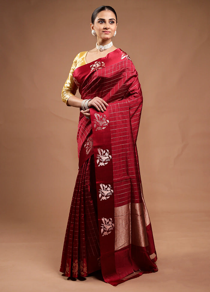 Maroon Handloom Katan Pure Silk Saree With Blouse Piece