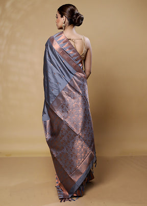 Grey Kanjivaram Silk Saree With Blouse Piece