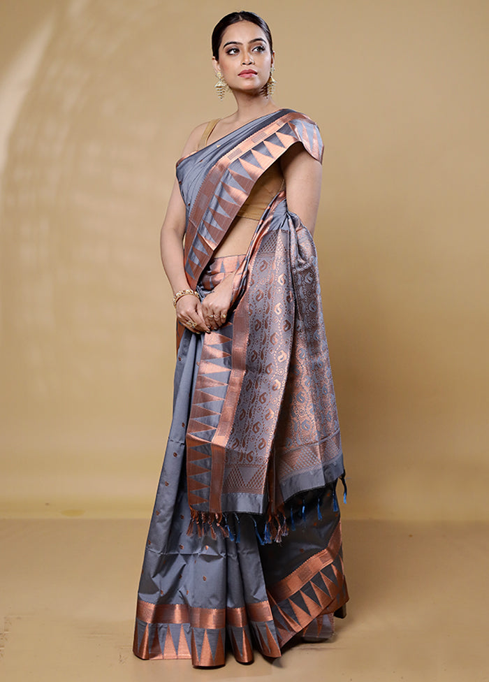 Grey Kanjivaram Silk Saree With Blouse Piece