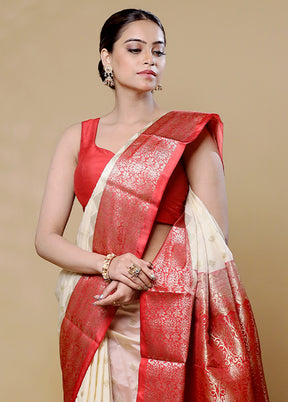 Cream Kanjivaram Silk Saree With Blouse Piece