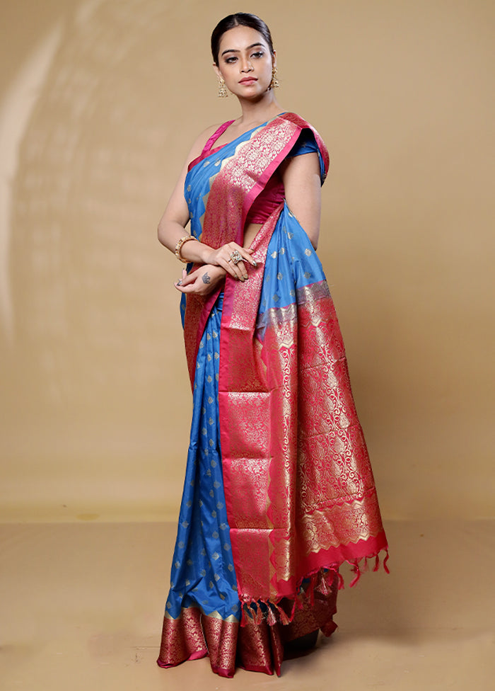 Blue Kanjivaram Silk Saree With Blouse Piece