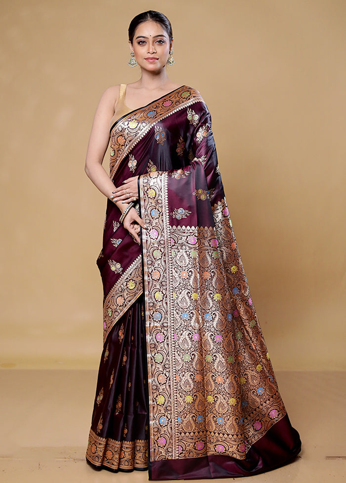 Wine Banarasi Silk Saree With Blouse Piece