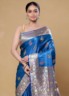 Blue Banarasi Silk Saree With Blouse Piece