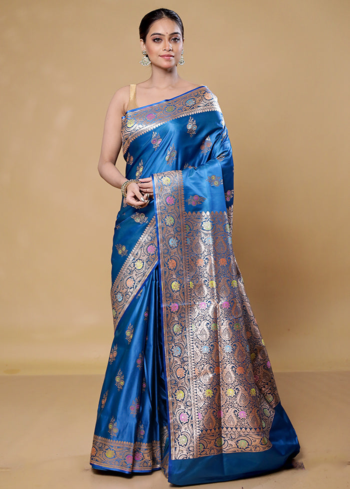 Blue Banarasi Silk Saree With Blouse Piece