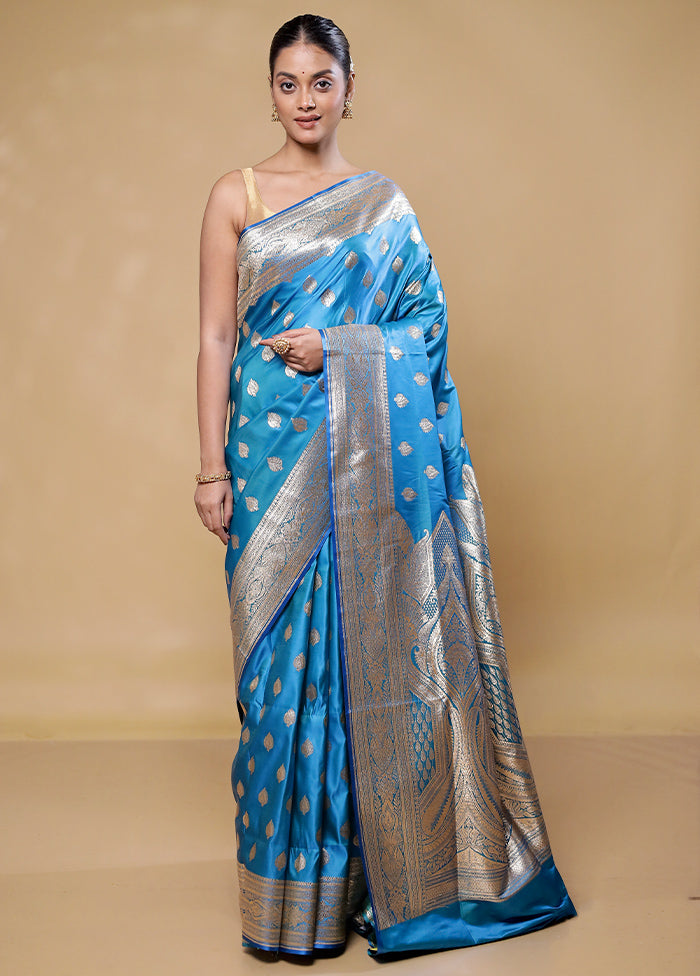 Blue Banarasi Silk Saree With Blouse Piece