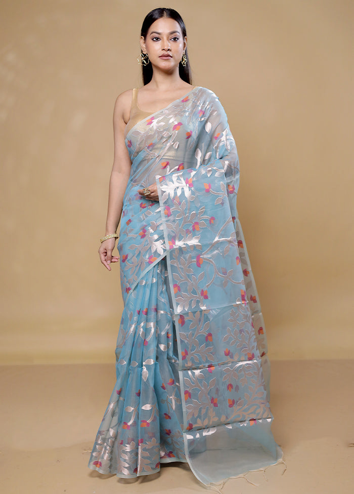 Blue Organza Saree With Blouse Piece