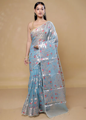 Blue Organza Saree With Blouse Piece