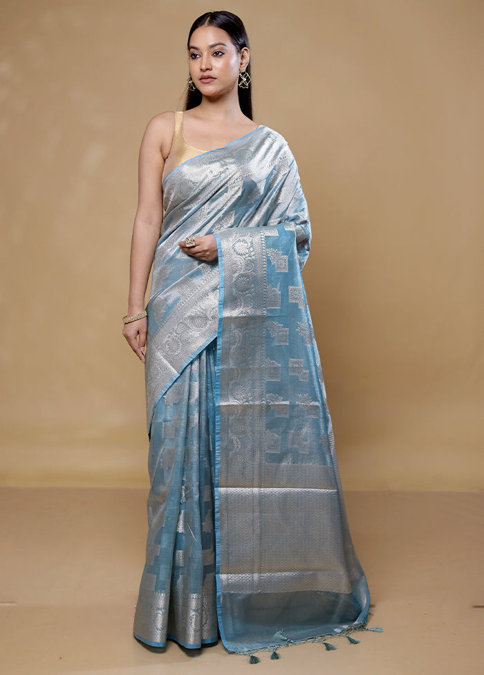 Blue Tissue Silk Saree With Blouse Piece