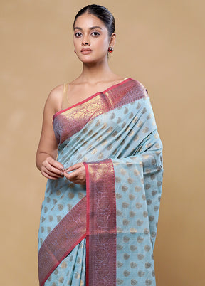 Blue Kora Silk Saree With Blouse Piece