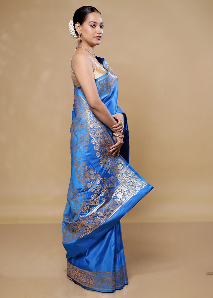 Blue Banarasi Silk Saree With Blouse Piece