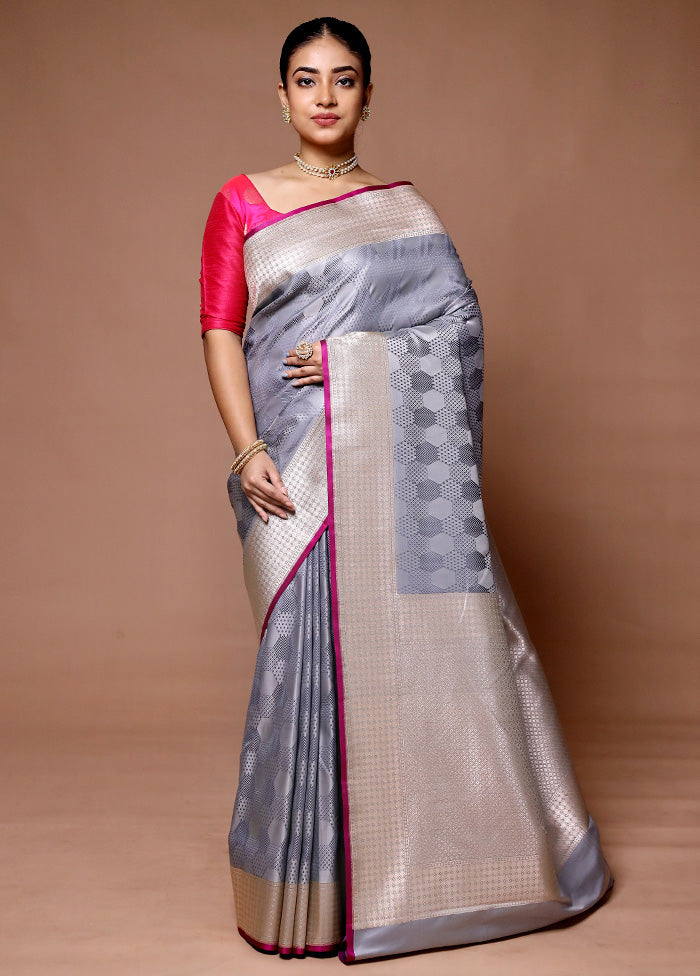 Grey Katan Silk Saree With Blouse Piece