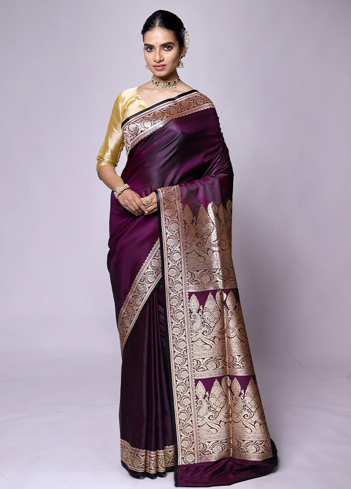 Wine Banarasi Silk Saree With Blouse Piece