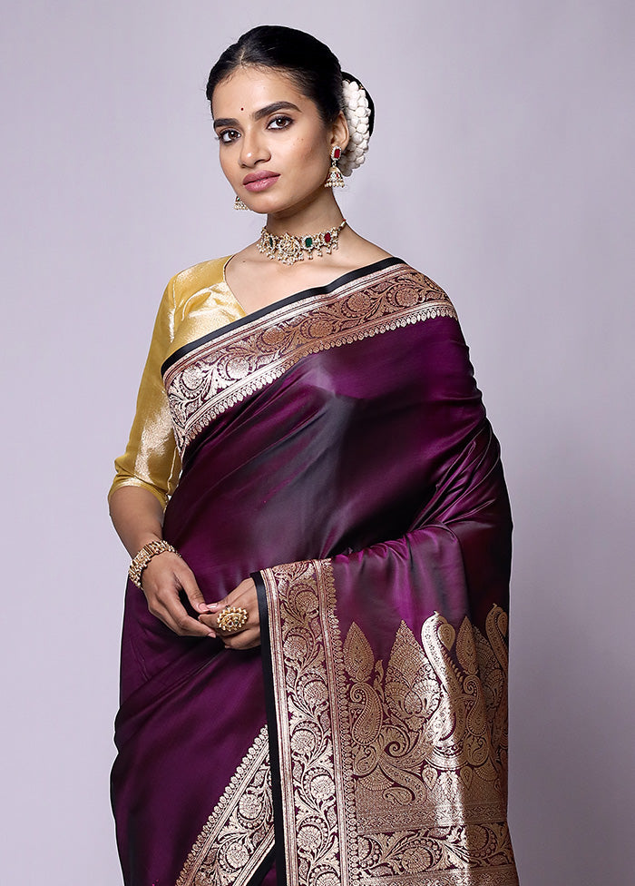 Wine Banarasi Silk Saree With Blouse Piece