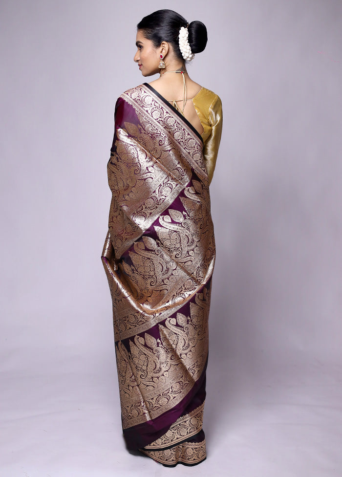 Wine Banarasi Silk Saree With Blouse Piece