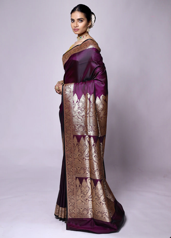 Wine Banarasi Silk Saree With Blouse Piece