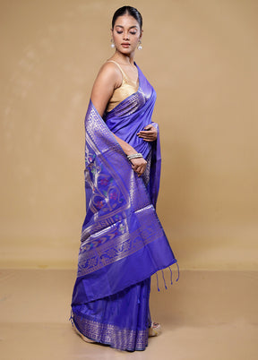 Blue Dupion Silk Saree With Blouse Piece