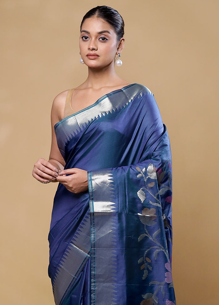 Blue Dupion Silk Saree With Blouse Piece